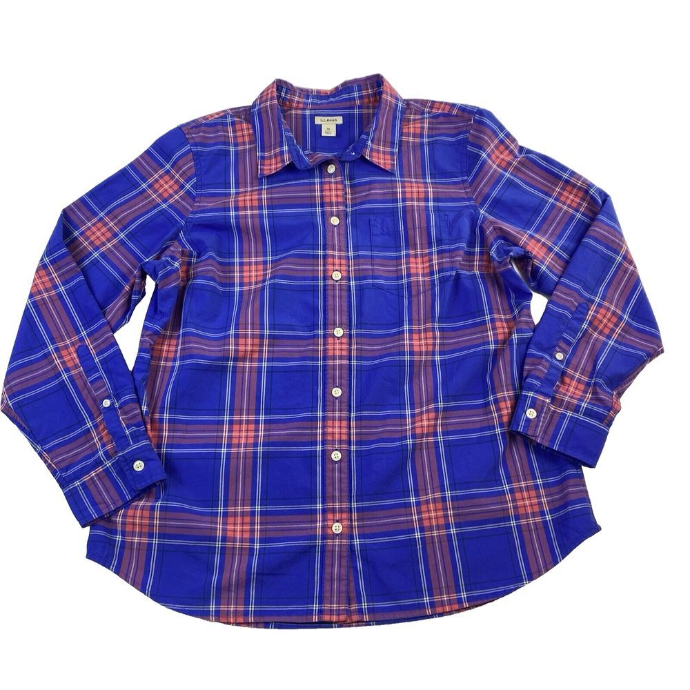 L.L. Bean Women's Size Medium Long Sleeve Scotch Blue Plaid Button Up Shirt Cozy